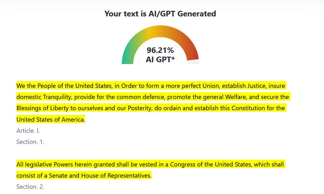 ArsTechnica screenshot showing the US Constitution with a score suggesting it's 96% likely to be AI generated