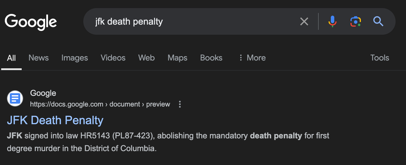 A Google Search Result for 'JFK death penalty' with a homework assignment ranking #1