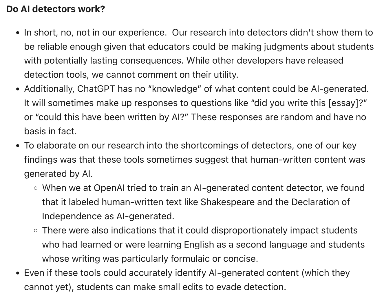 OpenAI's FAQ on 'Do AI detectors work?'. The answer explains that they are not reliable.