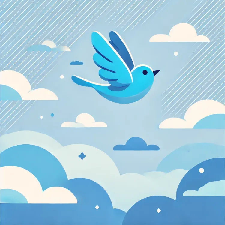 Blue bird flying through blue clouds